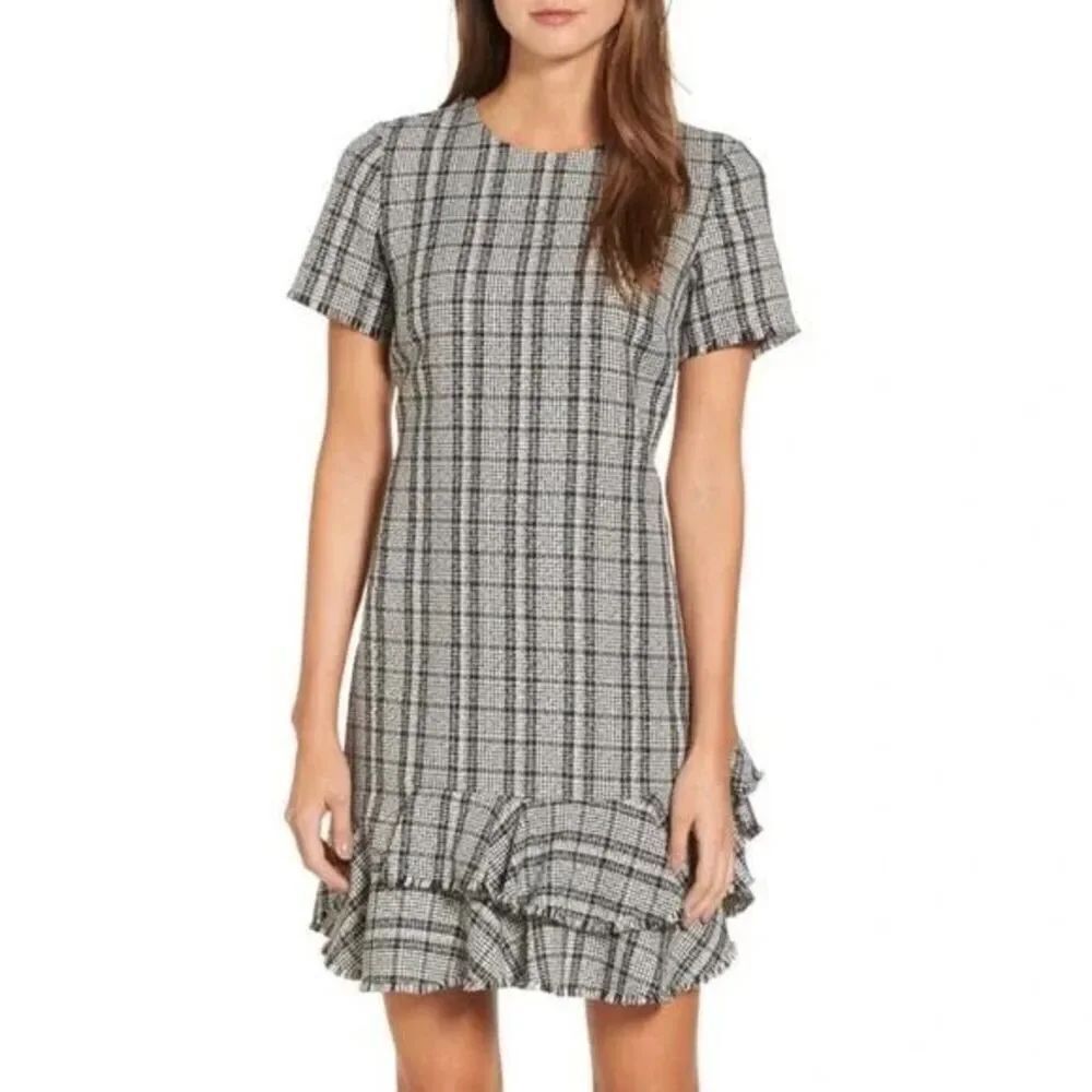 Chelsea28 Dress Women's Black White Plaid Ruffle Knee Length Midi SZ 0